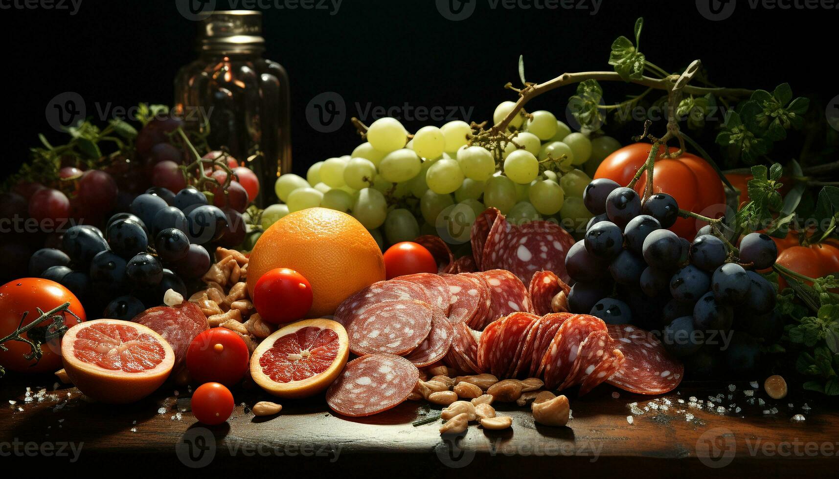 AI generated Fresh fruit and vegetable meal on wooden table generated by AI photo