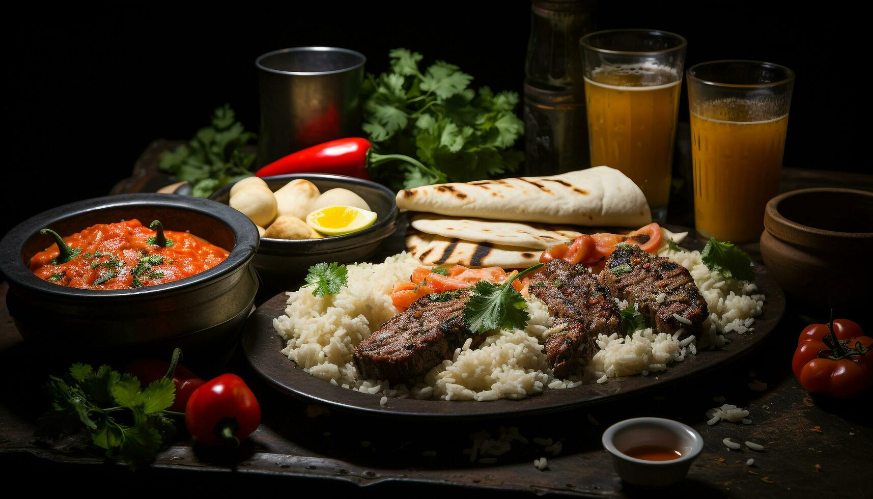 ai generado A la parrilla carne de vaca taco con Fresco verduras, arroz, y guacamole generado por ai foto