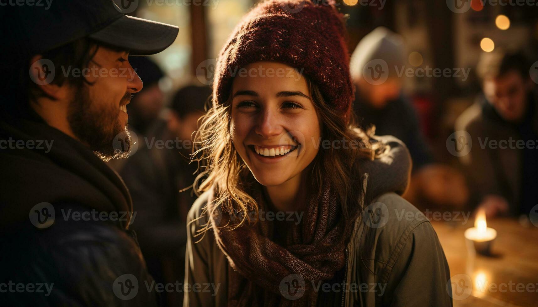 AI generated Smiling young couple enjoying winter outdoors, embracing love and happiness generated by AI photo