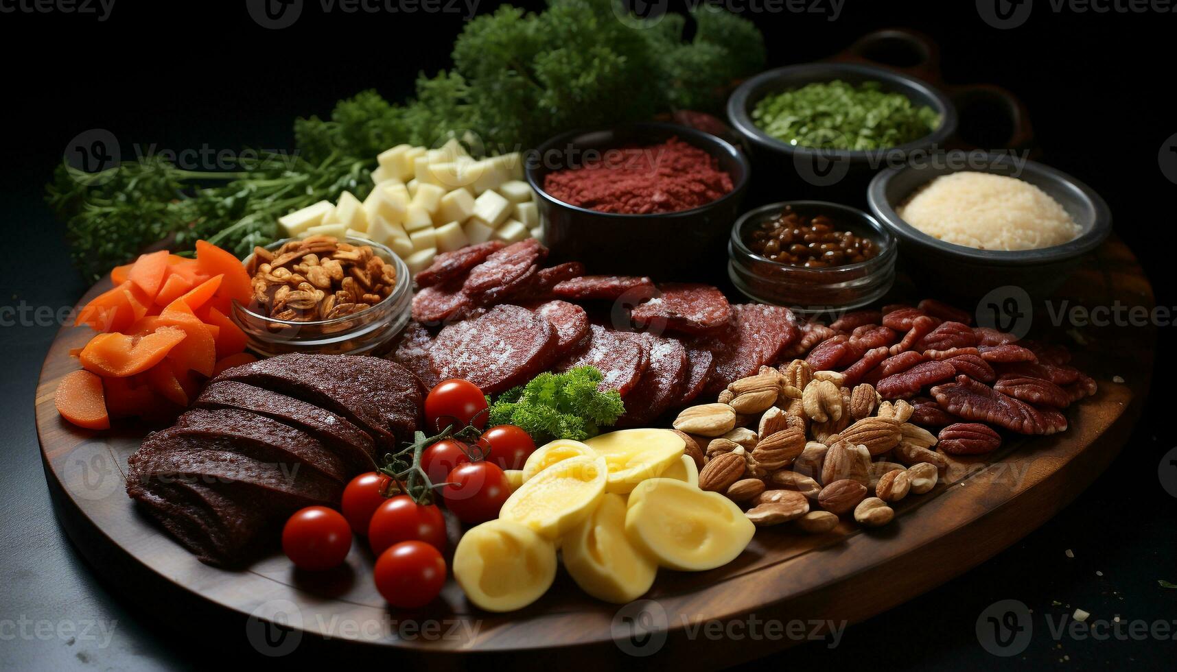 AI generated Freshness and variety on a wooden plate, healthy gourmet meal generated by AI photo