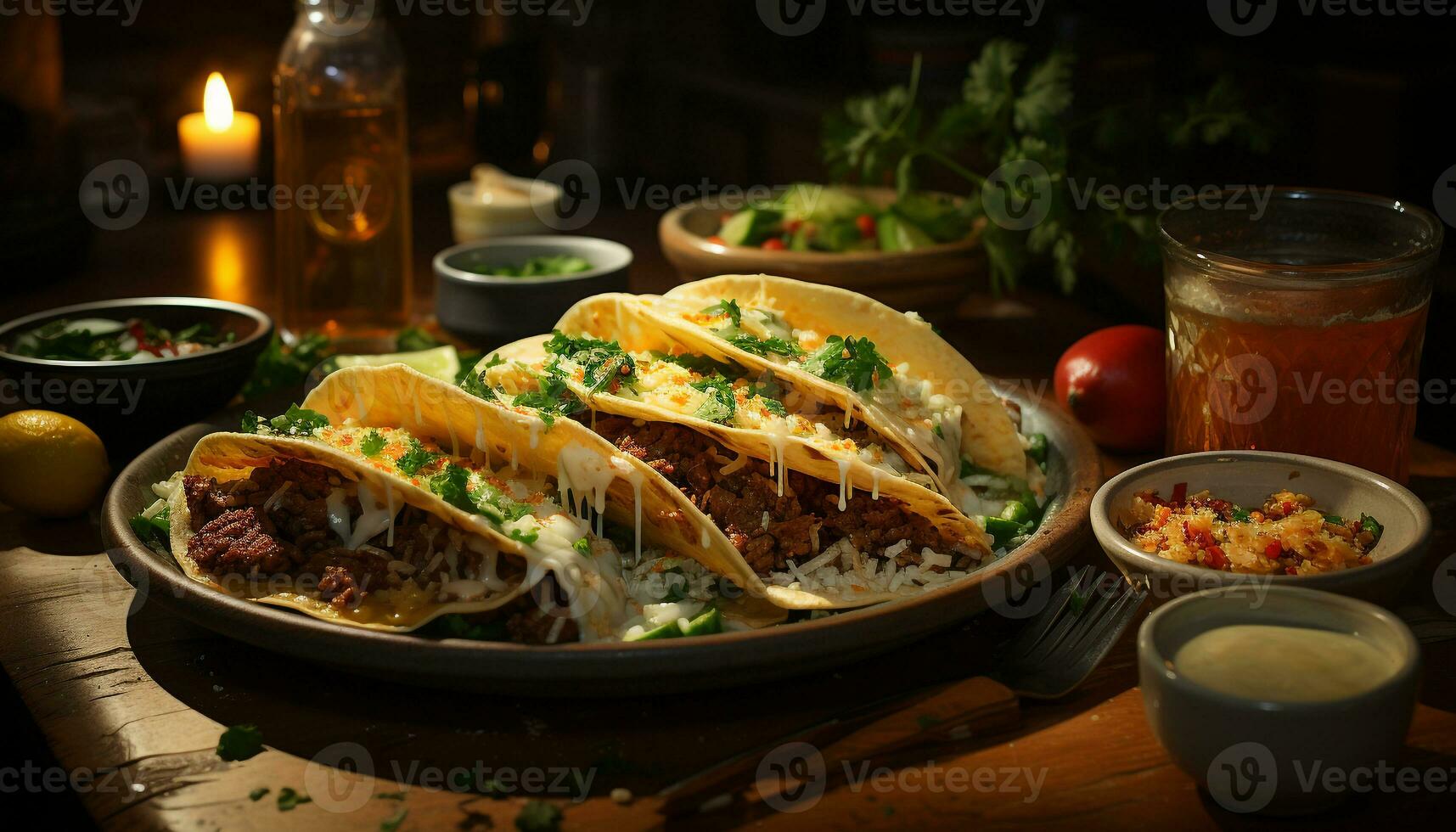 AI generated A gourmet Mexican meal grilled beef, fresh guacamole, and spicy salsa generated by AI photo