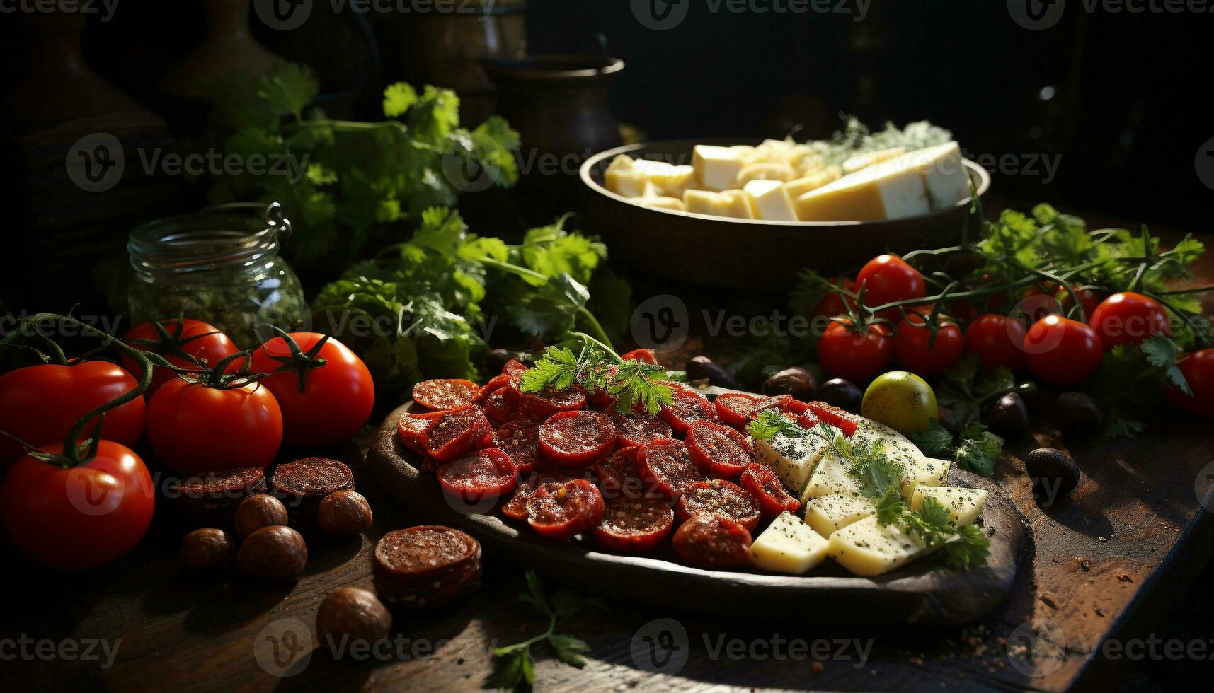 AI generated Fresh tomato salad on wooden table, healthy and delicious generated by AI photo