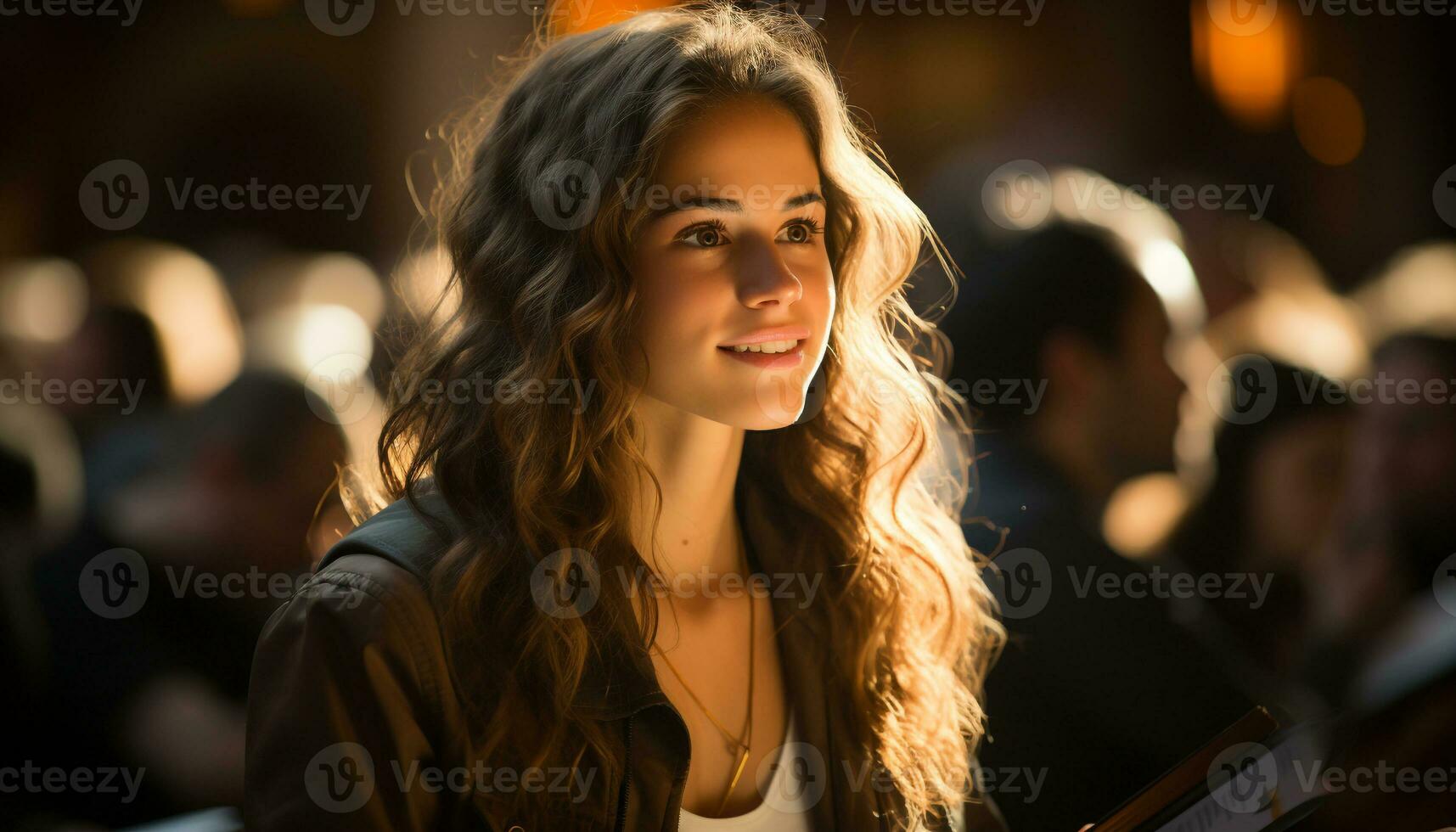 AI generated Young woman enjoying city nightlife, smiling with confidence and elegance generated by AI photo