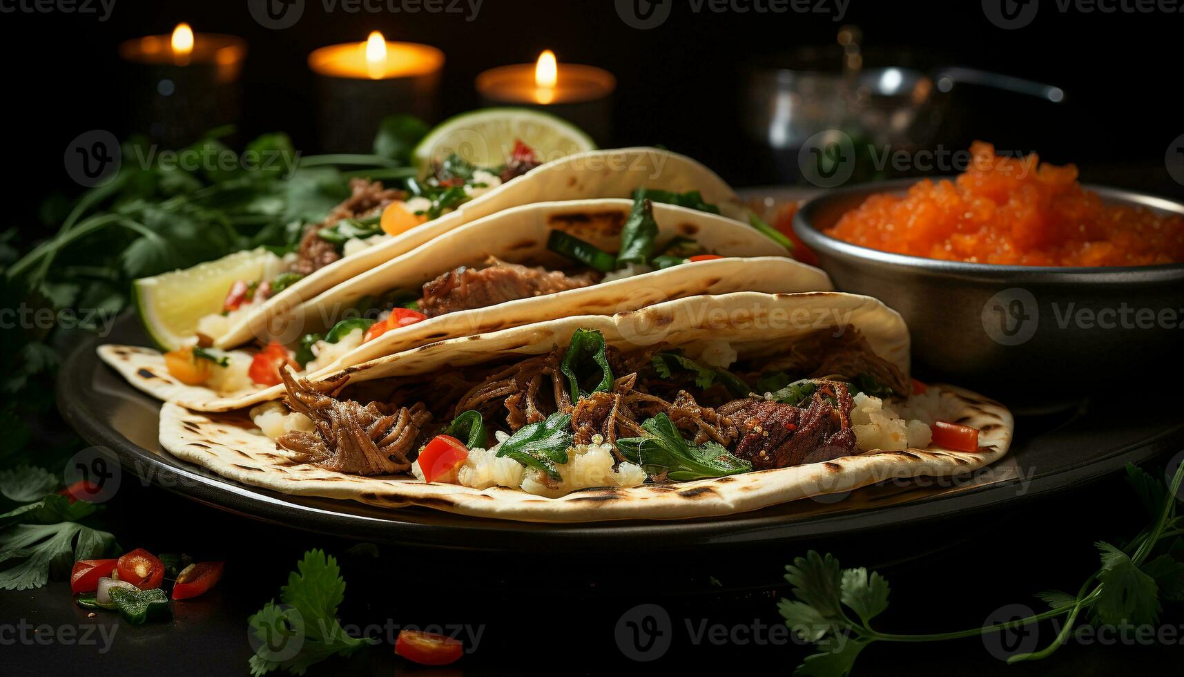 AI generated Grilled beef taco with guacamole, cilantro, and fresh tomato generated by AI photo