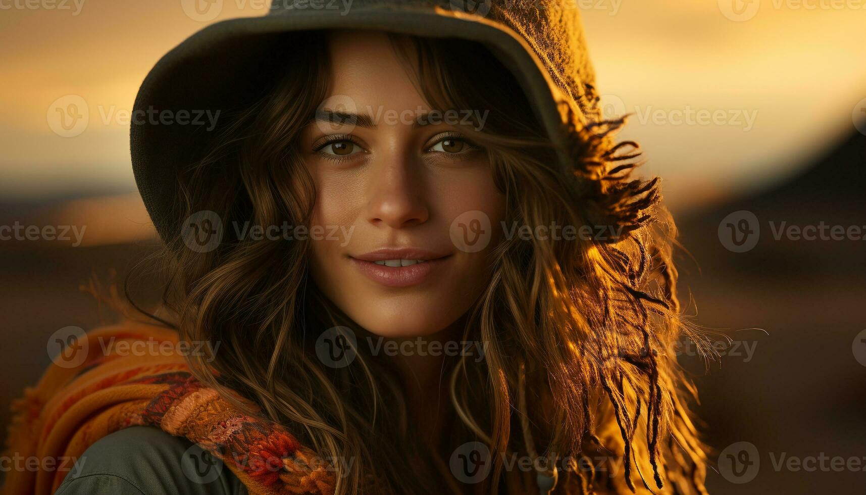 AI generated Young woman smiling, looking at camera, enjoying beautiful sunset generated by AI photo