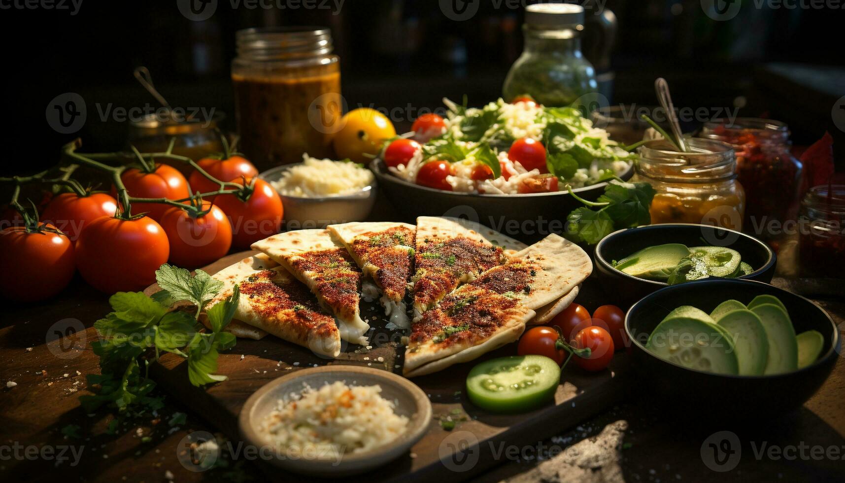 AI generated Grilled meat, fresh vegetables, homemade guacamole on rustic flatbread generated by AI photo