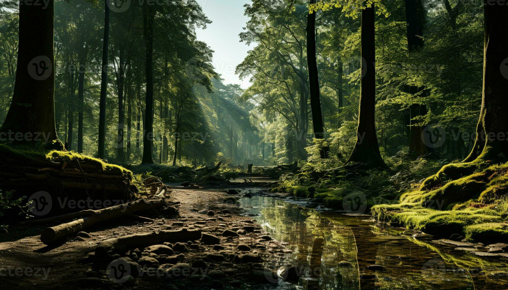 AI generated Tranquil scene of a wet forest with yellow autumn leaves generated by AI photo