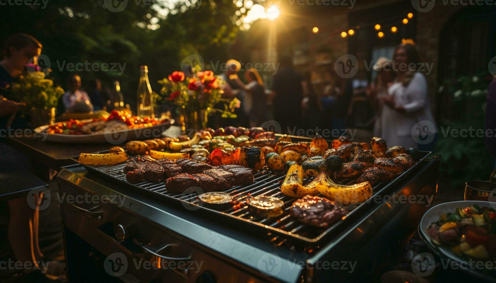 AI generated Grilled meat sizzles on barbecue, creating a summer feast generated by AI photo