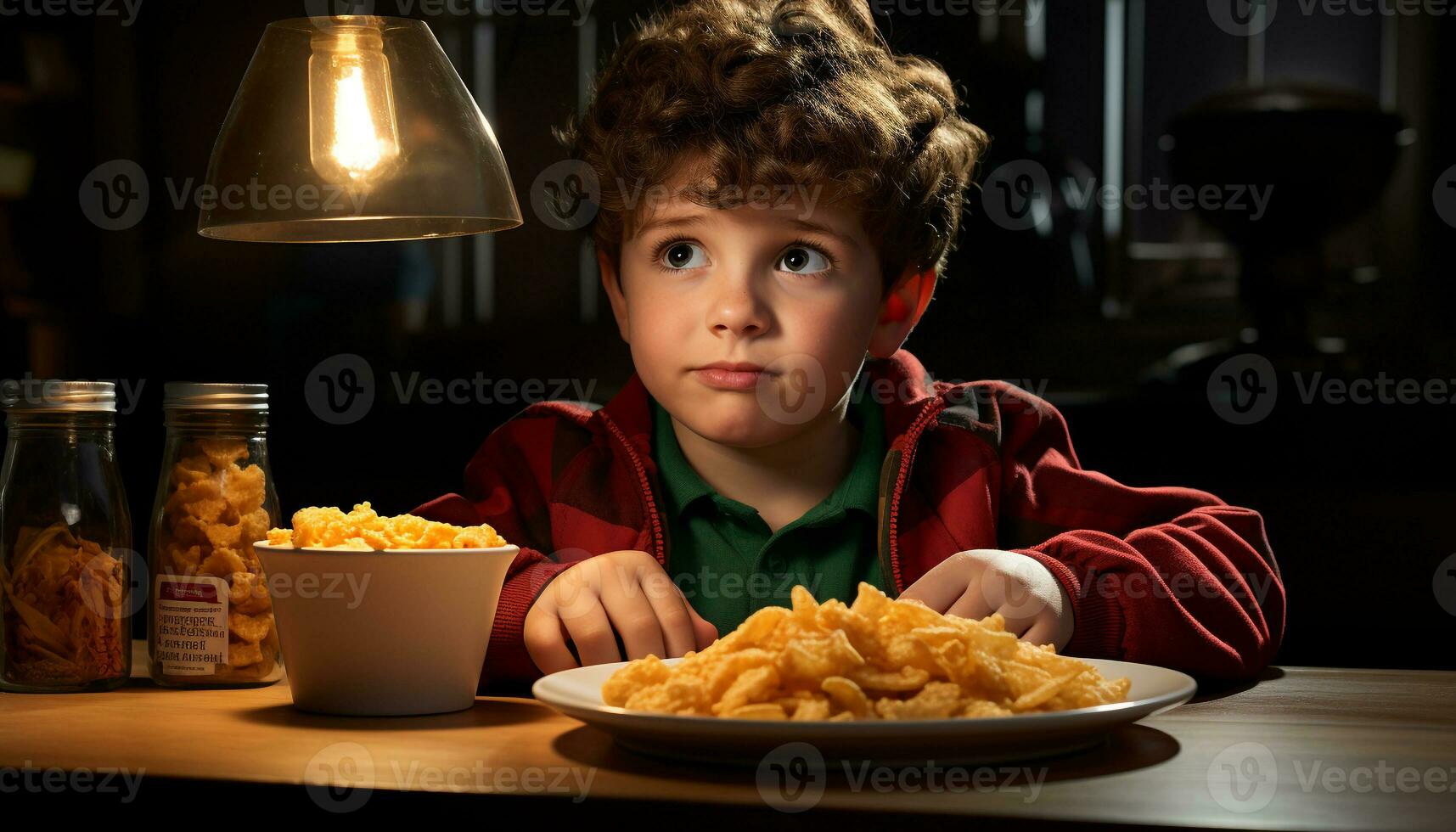 ai generado un linda chico sonriente, comiendo francés papas fritas a el mesa generado por ai foto