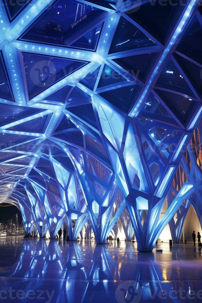 AI generated Inside a futuristic building, blue lights illuminate the space, creating a sleek and modern ambiance. Generative AI photo