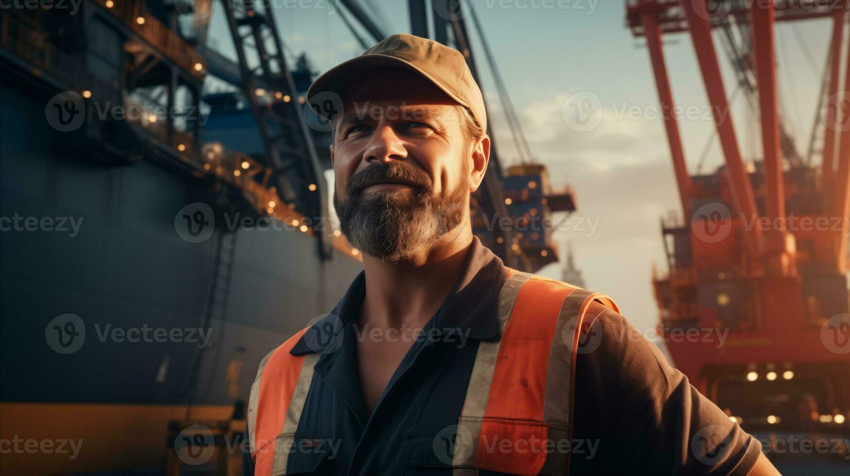AI generated A port worker stands in front of a ship, ready to carry out their duties at the harbor. Generative AI photo