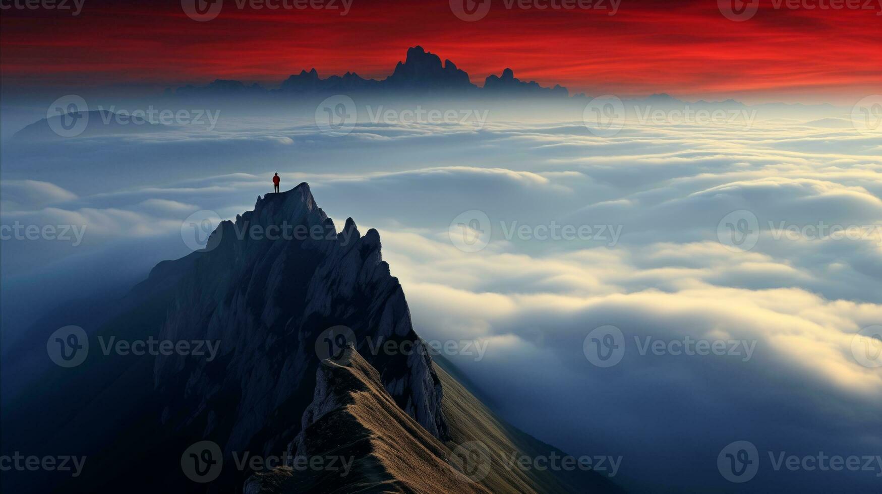 AI generated A man stands triumphantly on a mountain peak, overlooking a breathtaking landscape with a vibrant red sky. photo