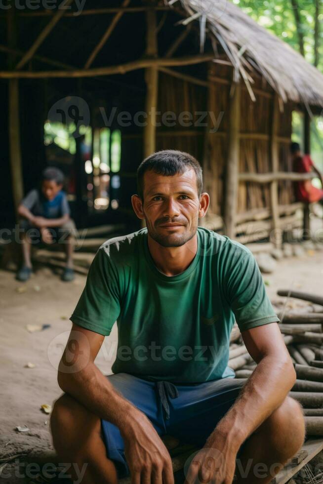 AI generated A man sitting in front of a hut displays a sense of community and togetherness. photo