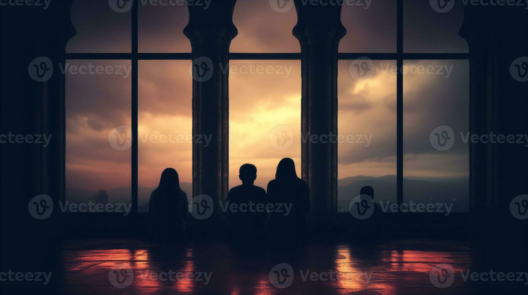 ai generado siluetas de personas sentado en frente de un ventana, en contra el antecedentes de natural ligero. generativo ai foto