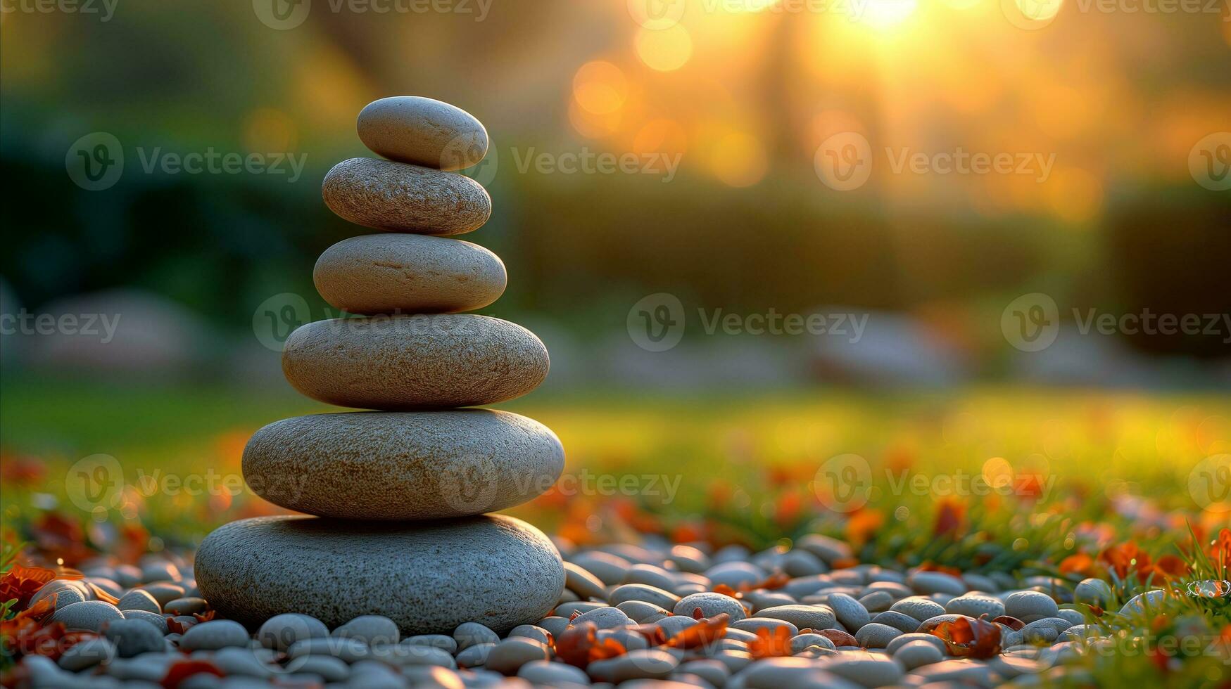 AI generated Zen stone stack in serene garden at sunset with warm glow and bokeh photo