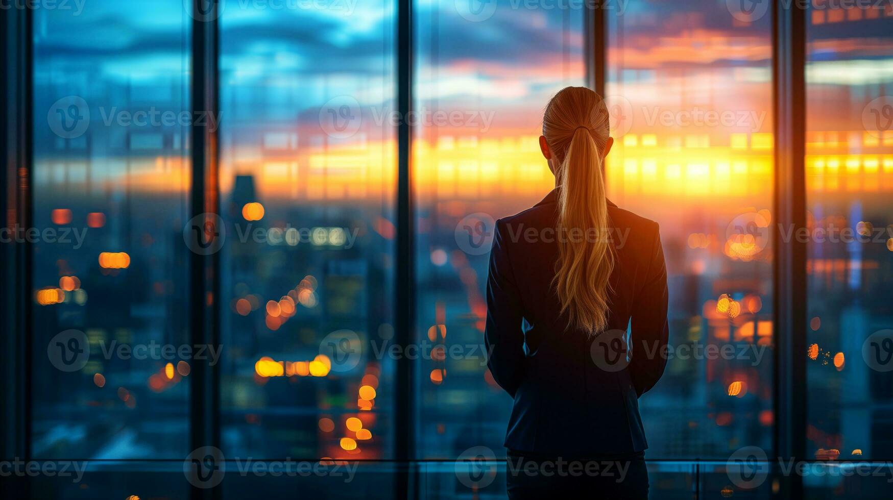 AI generated A woman looks out across the city at night. photo