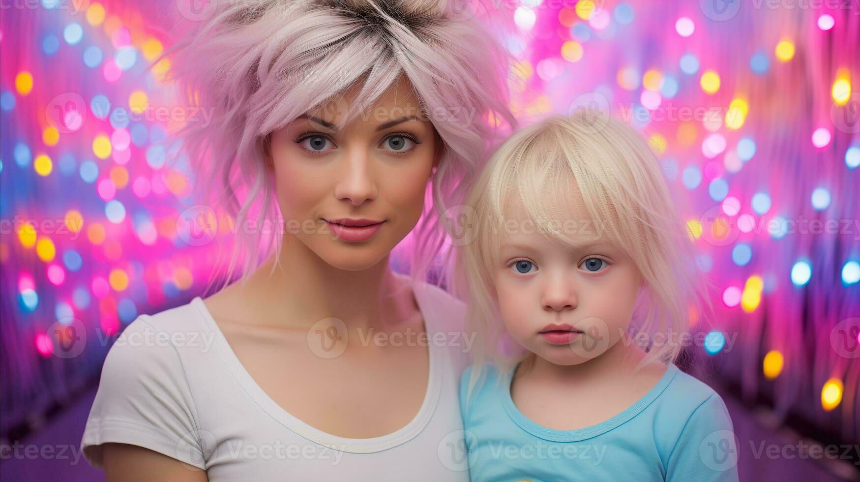 AI generated A mother and child posing in front of a colorful background. Generative AI photo