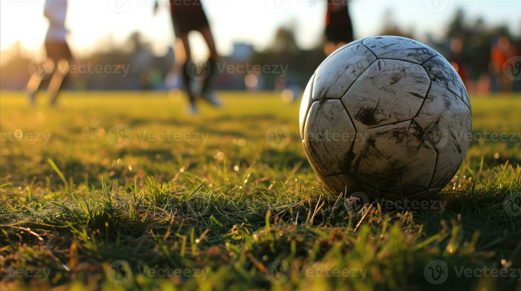 AI generated A soccer ball resting on the green grass, ready for a game. Generative AI photo