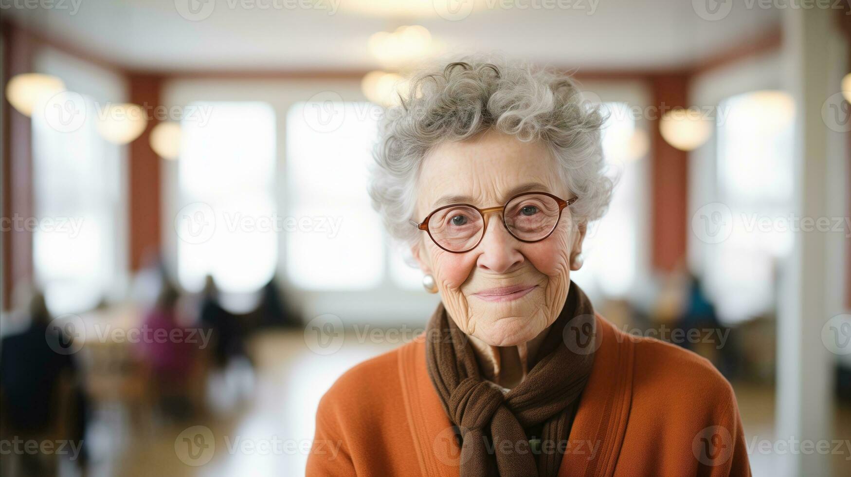 AI generated An elderly woman wearing glasses and an orange sweater. photo