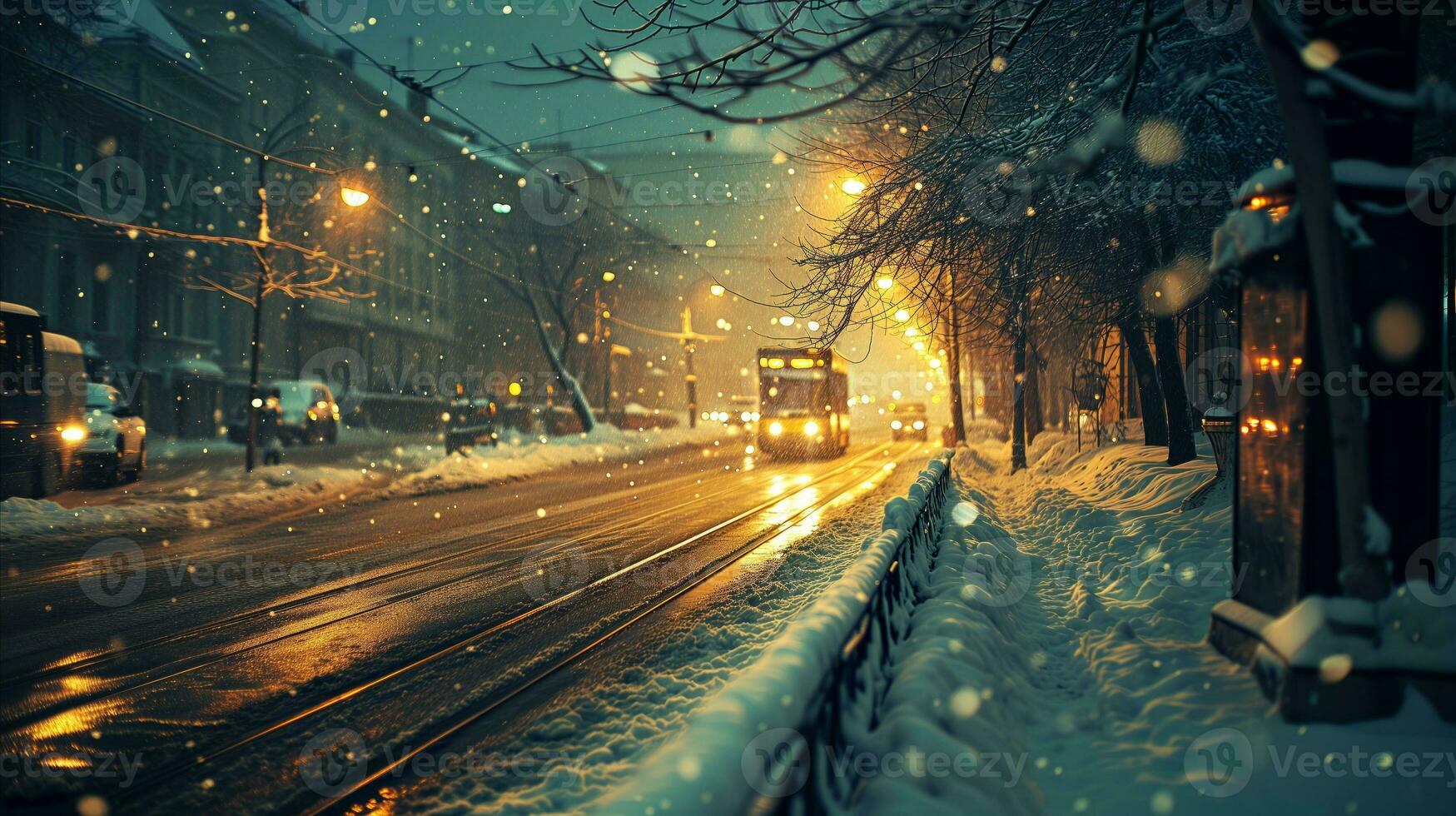 AI generated A city street at night with snow. Generative AI photo
