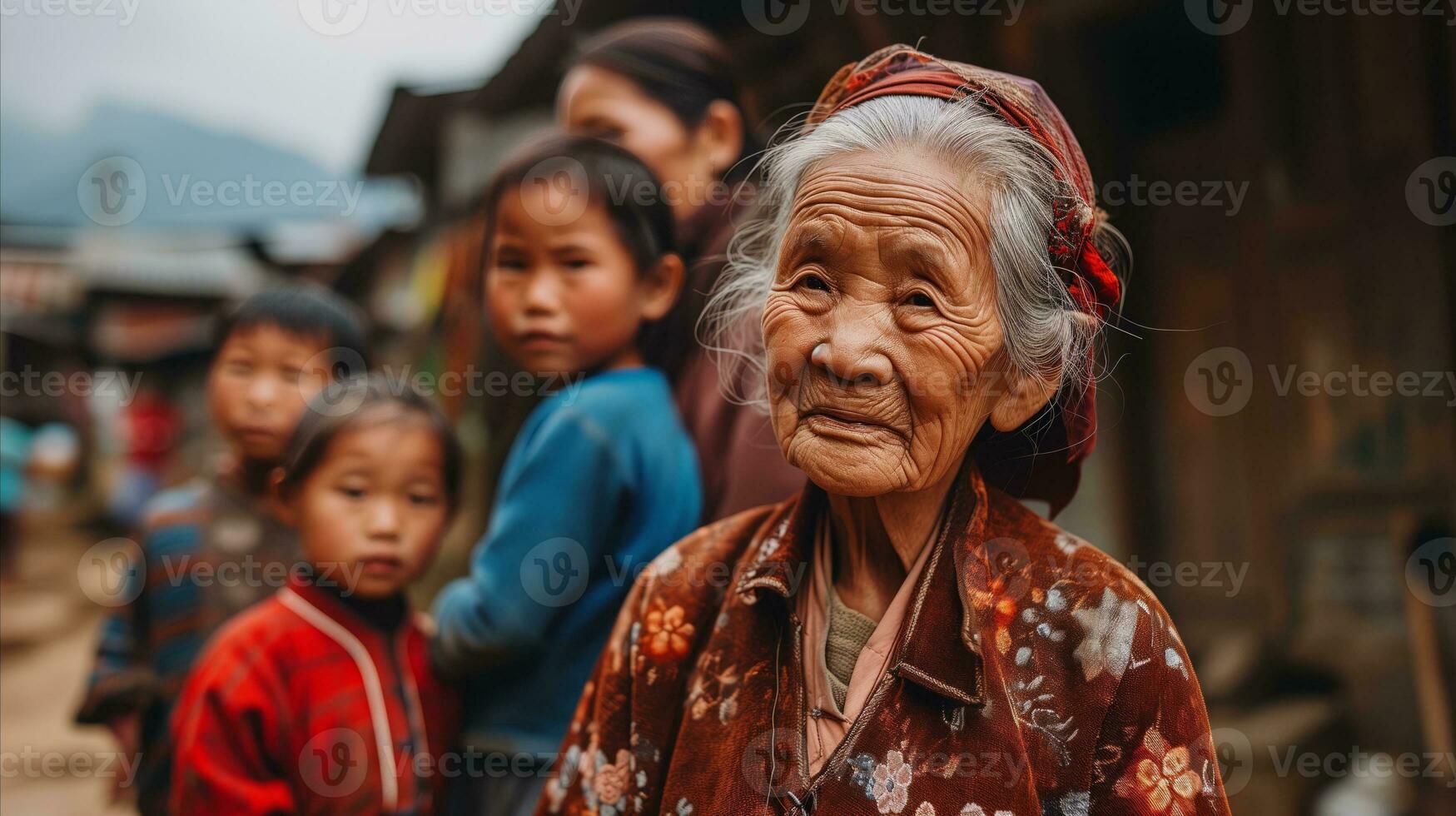 AI generated Old woman standing among group of children in a village. Generative AI photo
