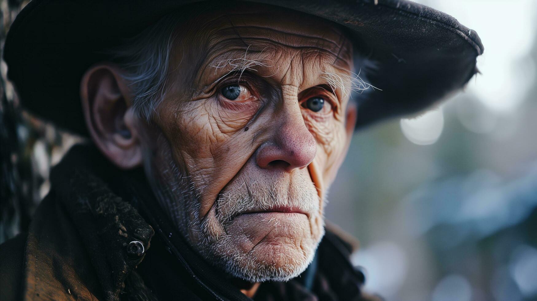 AI generated Close-up portrait of a pensive elderly man with a weathered face photo