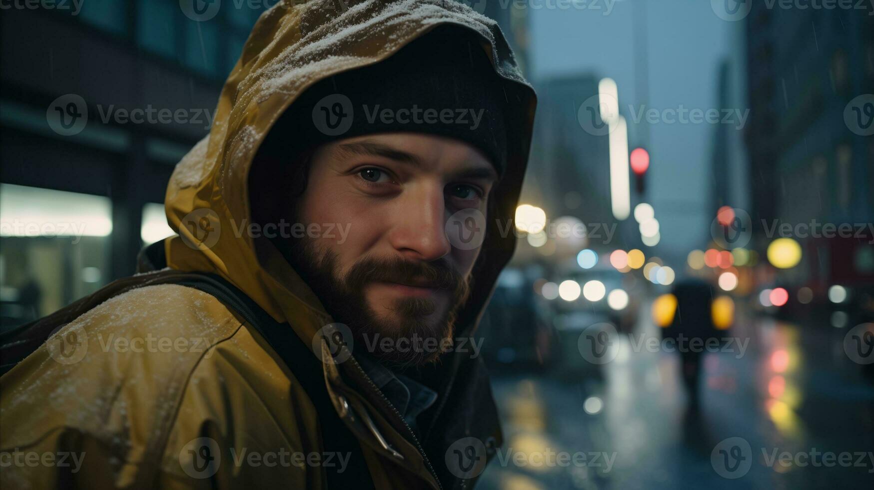 AI generated A person wearing a hoodie stands in the rain, seeking shelter from the downpour. photo