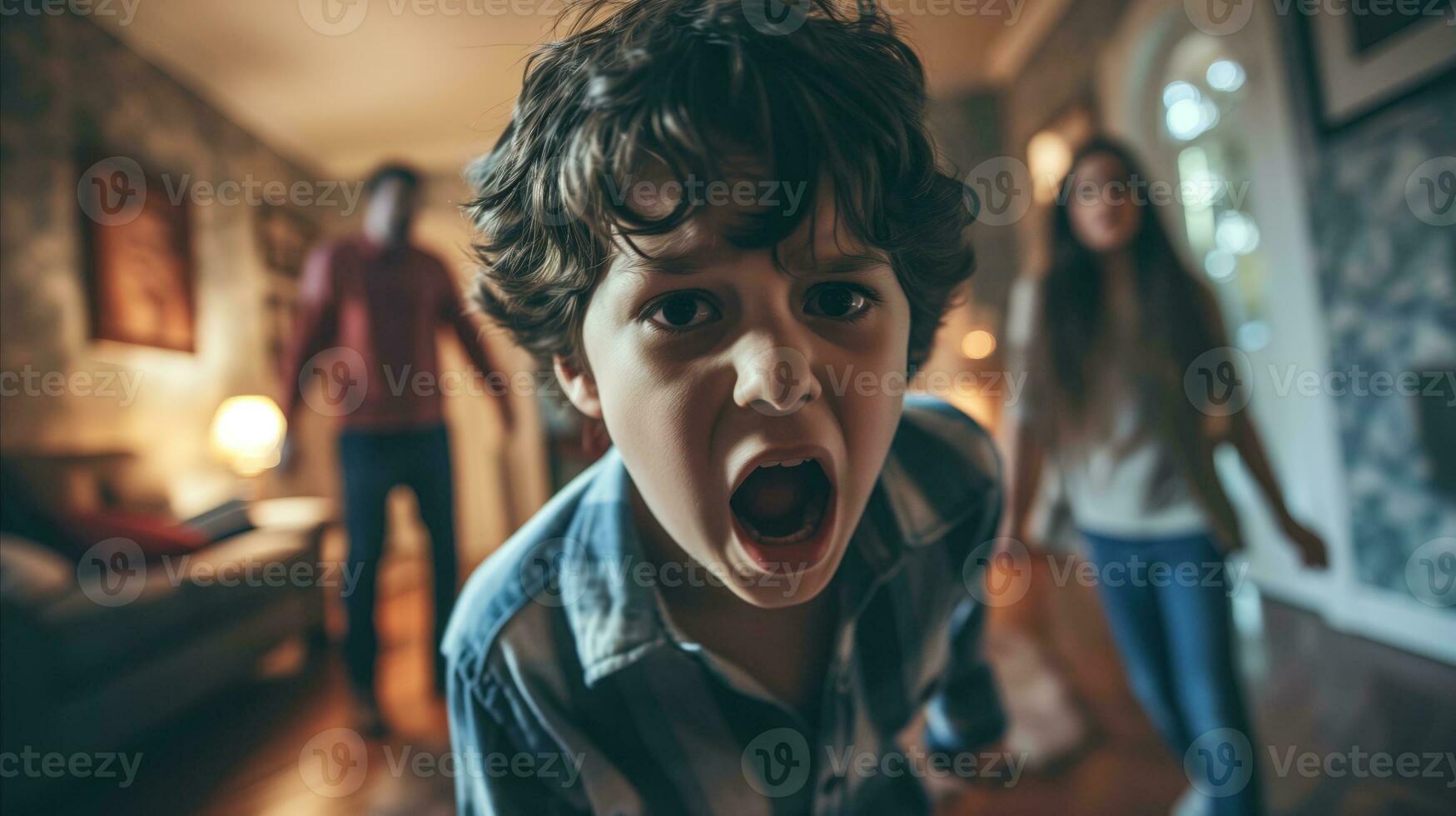 AI generated A child screaming out loud in the middle of the living room. Generative AI photo