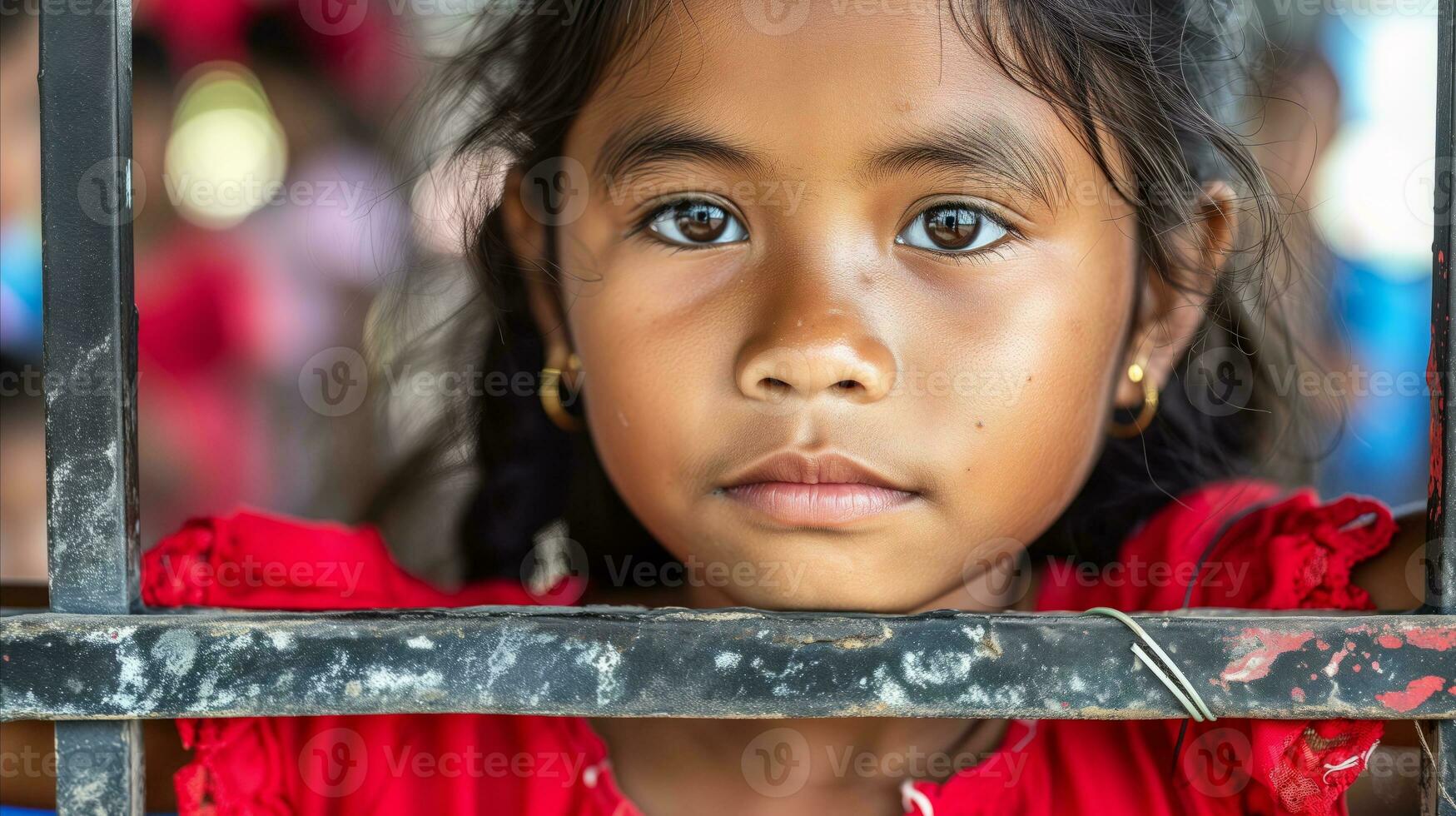 AI generated A cute girl looks out through bars. Generative AI photo