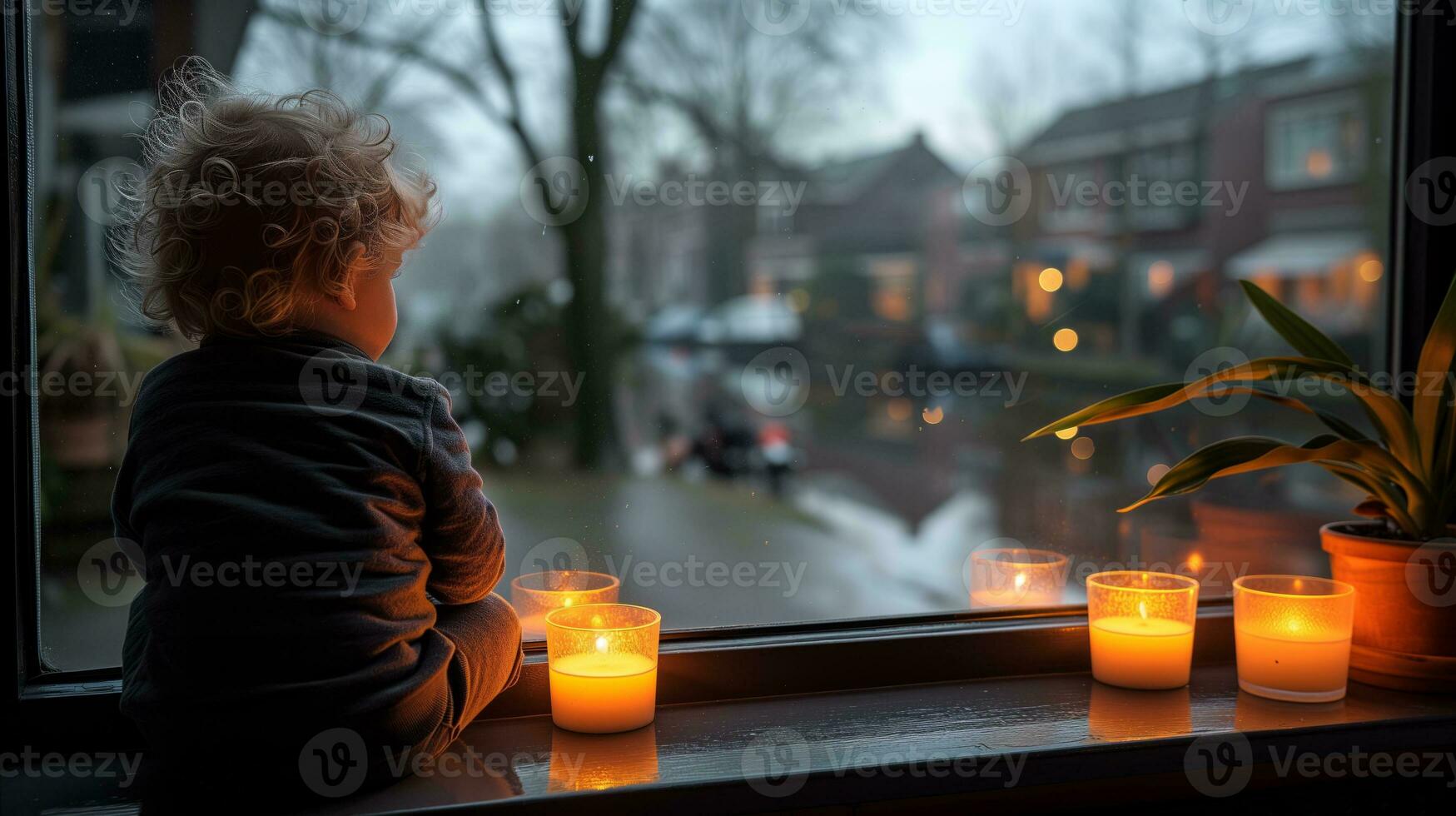 AI generated Child enjoying cozy moment with candles by window on rainy day photo