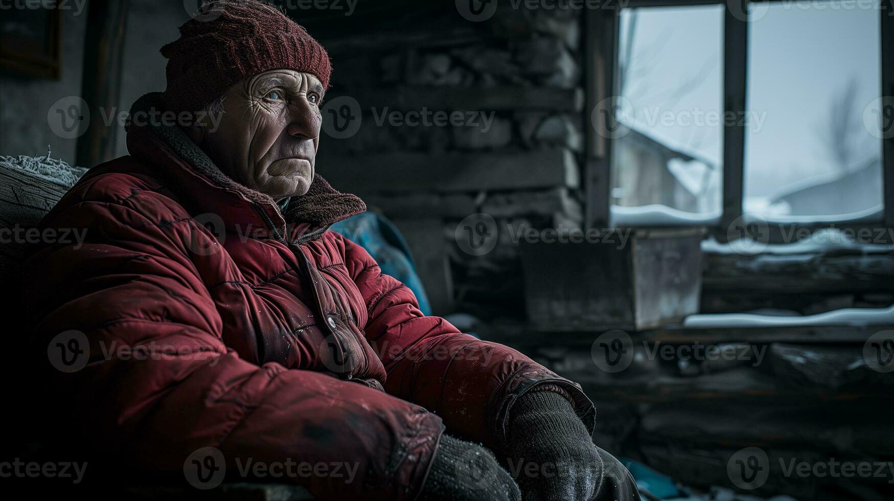 AI generated An old man sits in a wooden hut with open windows. Generative AI photo