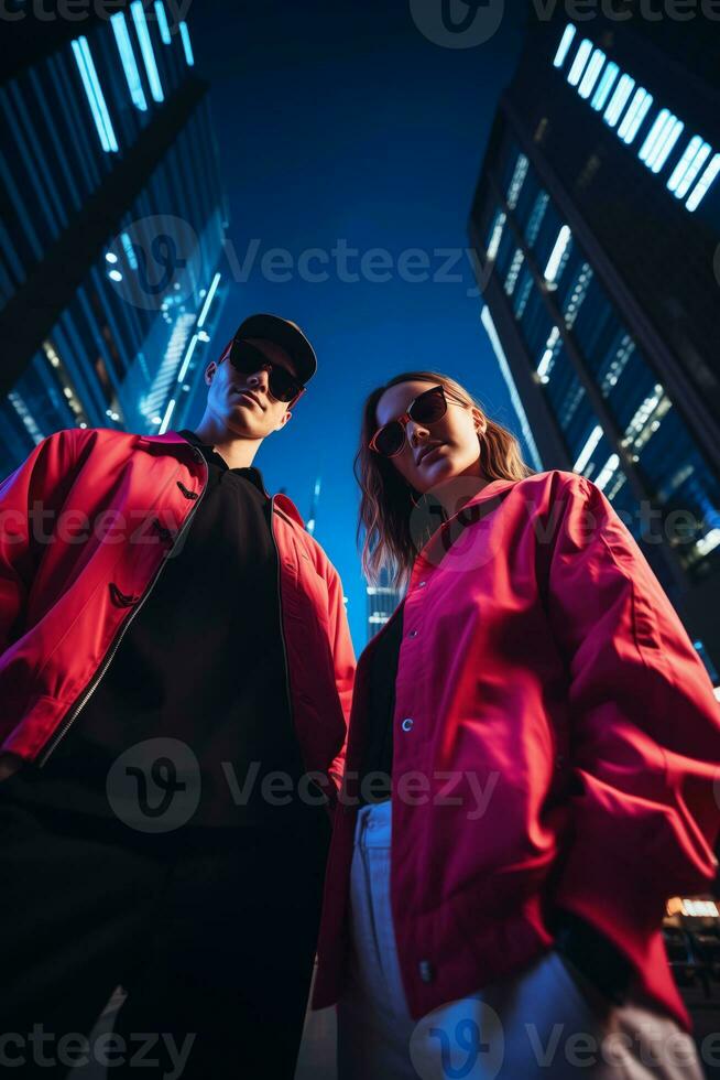AI generated A couple in red jackets posing in front of towering buildings. Generative AI photo