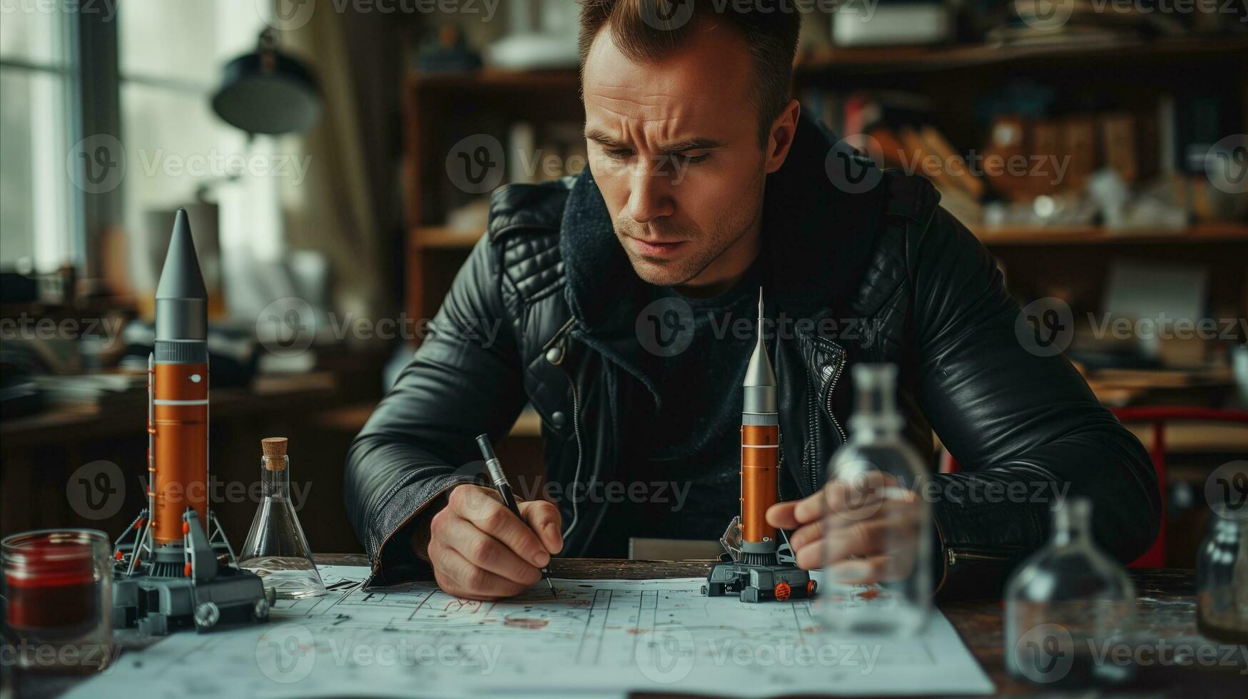 AI generated Focused engineer designing rocket model with sketches and tools photo