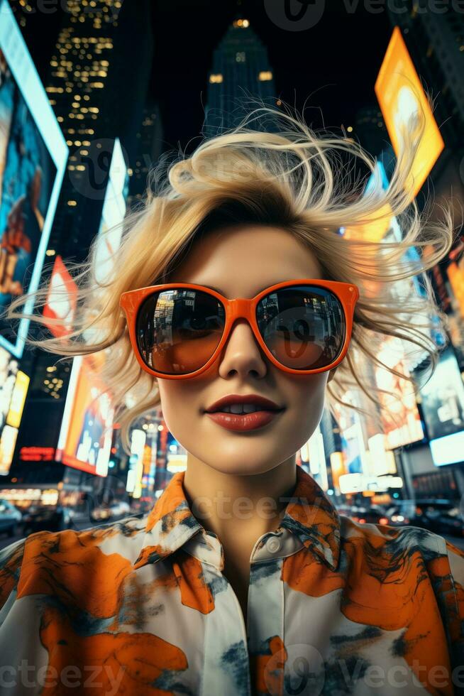 AI generated A stylish woman wearing sunglasses poses in front of a vibrant cityscape. Generative AI photo