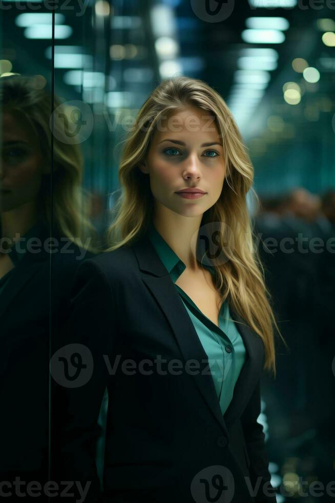 AI generated A professional woman in a suit stands confidently. Generative AI photo