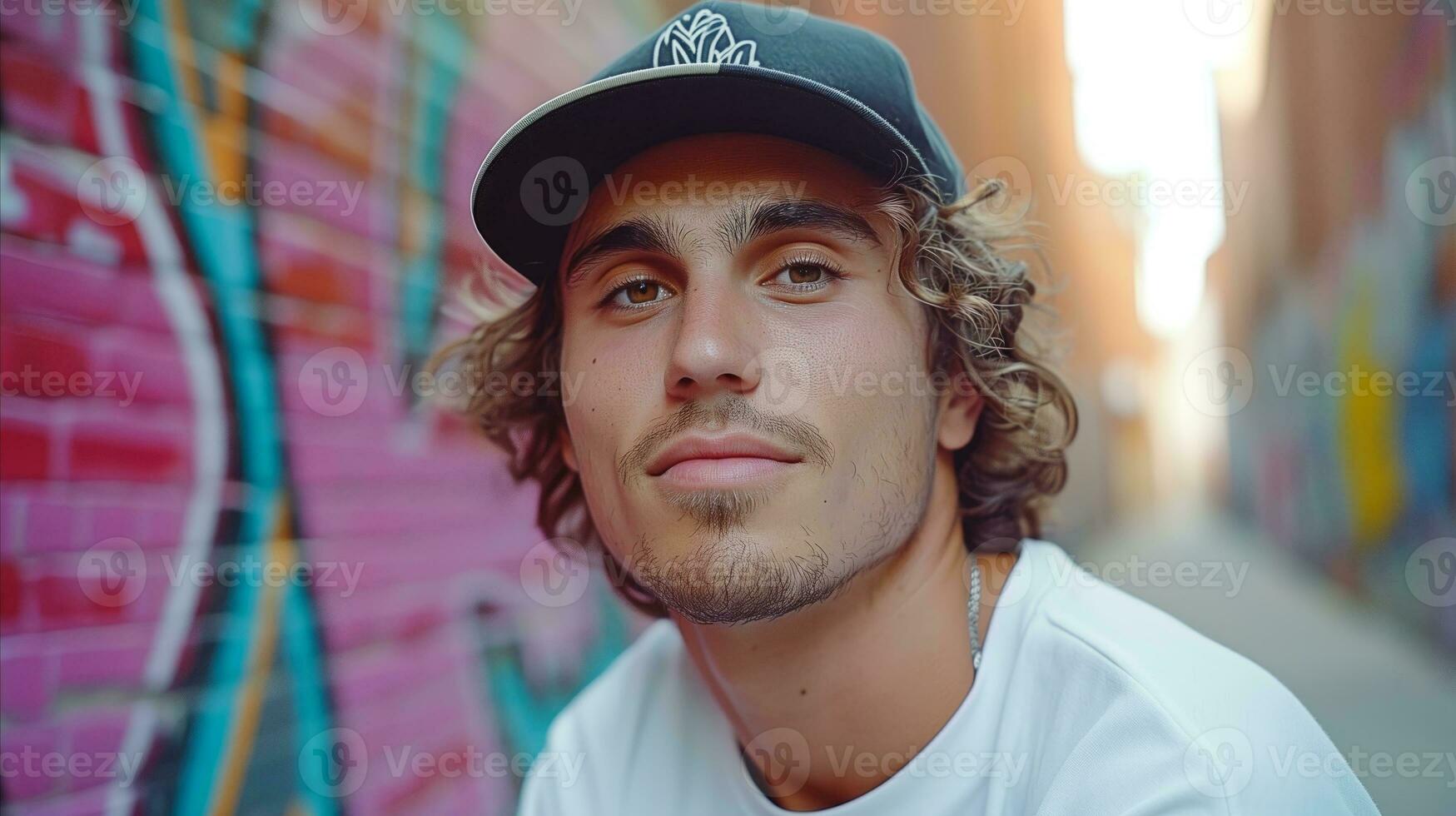 AI generated Young man with hat poses in urban alley with graffiti photo