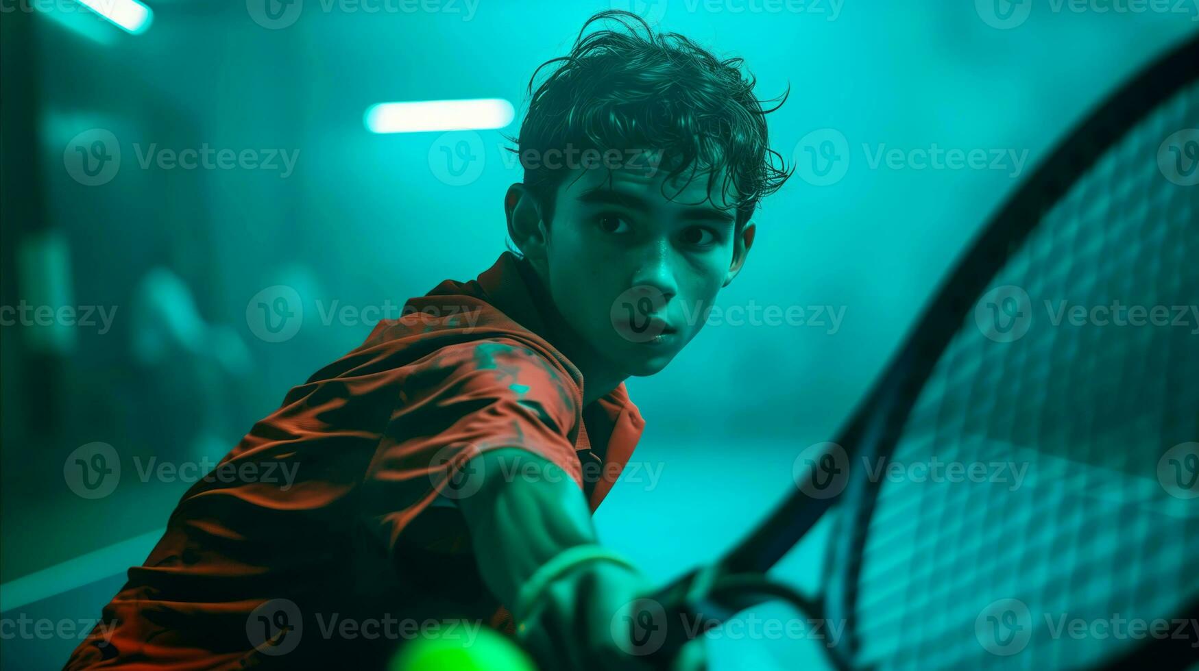 AI generated A teenage boy on court playing a game of tennis. Generative AI photo