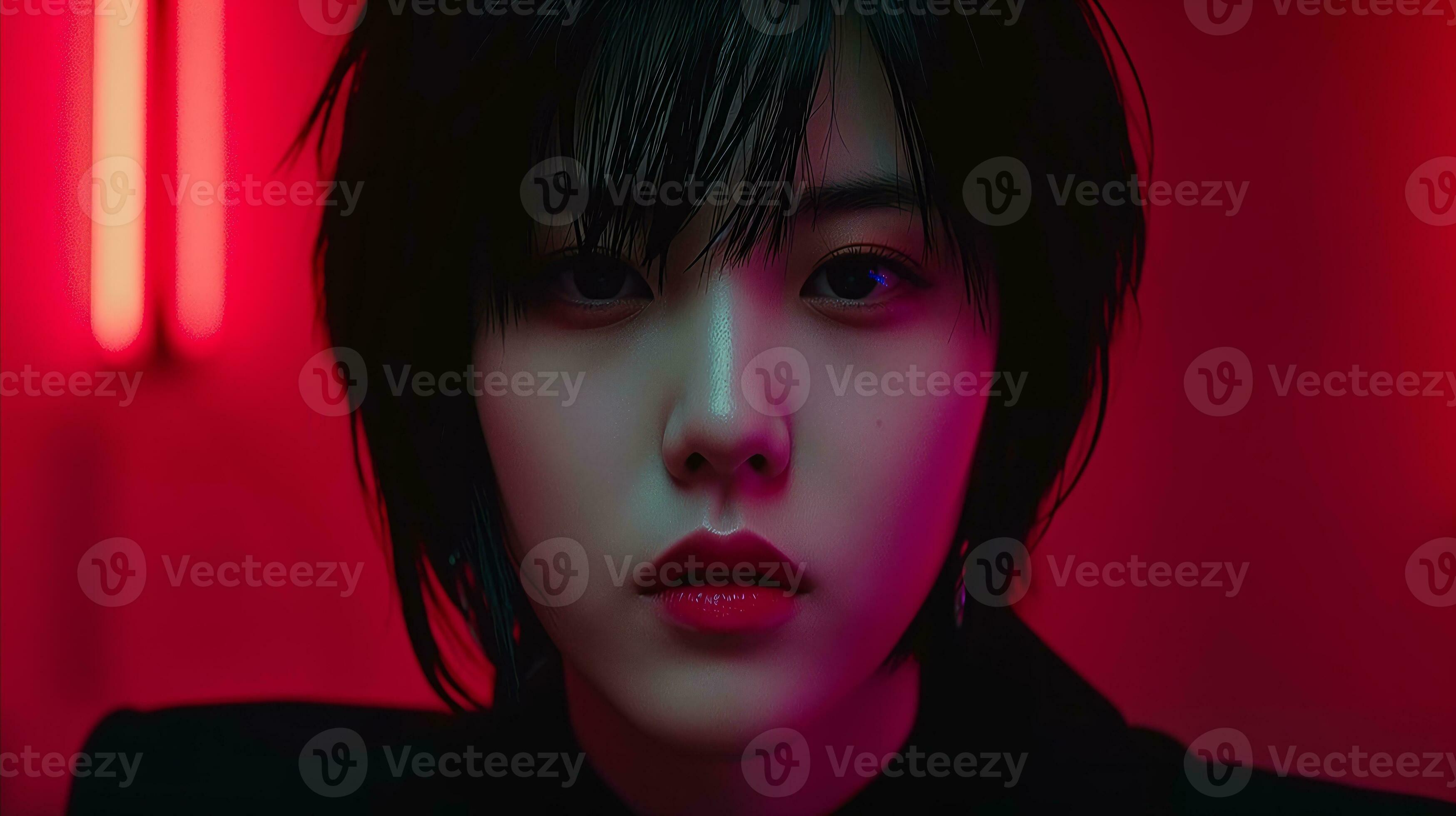 AI generated A woman standing solemnly wearing a black suit. Generative