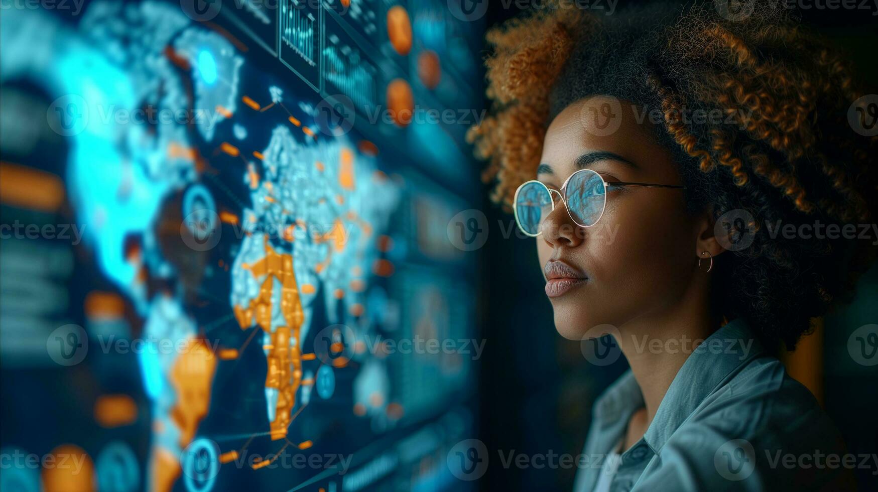AI generated Young female professional analyzing global data analytics on screen photo