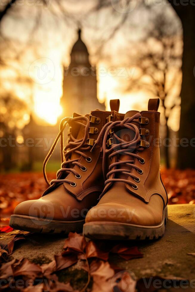 AI generated A pair of brown boots resting on a stone ledge, showcasing their rugged charm and timeless style. Generative AI photo