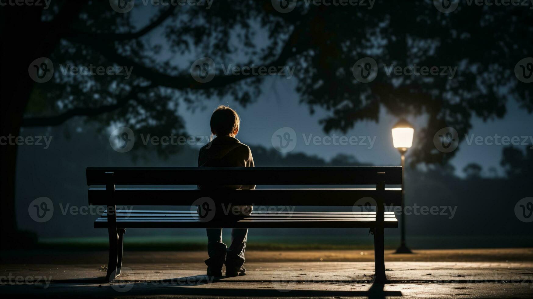 AI generated A person sitting alone on a bench under the night sky, contemplating in solitude and tranquility. Generative AI photo