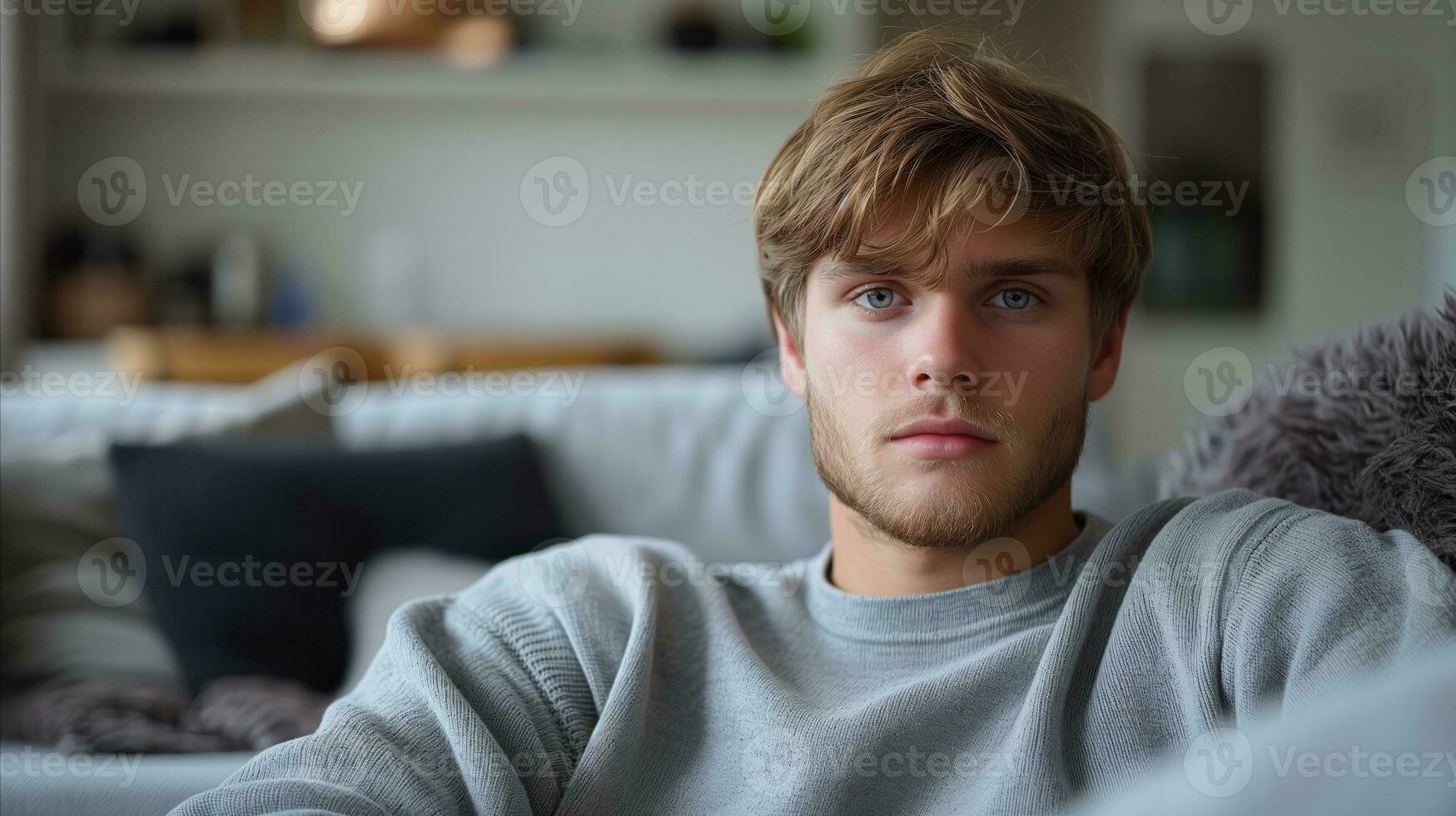 AI generated Young man is sitting in front of the sofa. photo