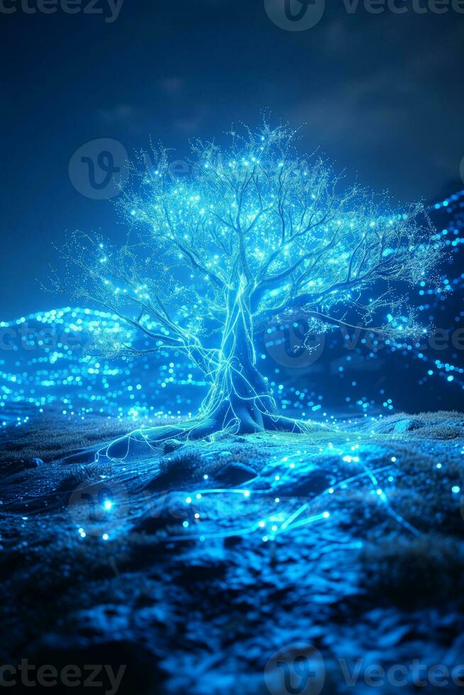 AI generated A tree that is made up of blue lights. photo