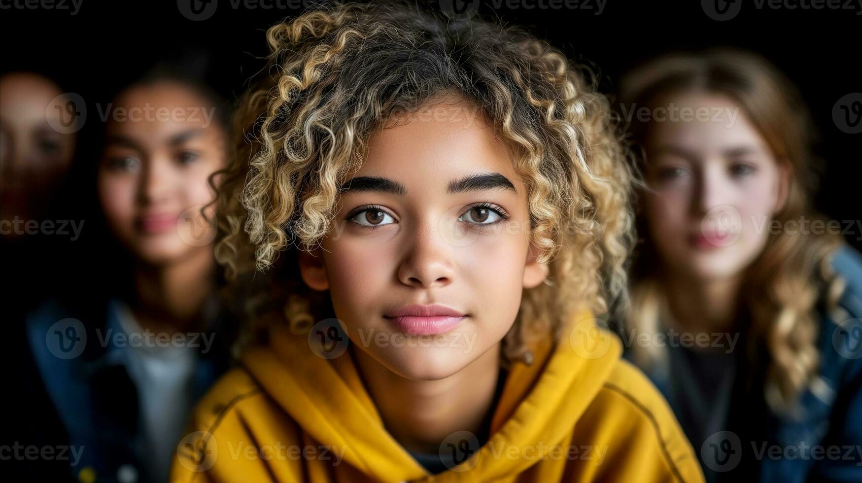 AI generated A young girl with curly hair standing among a group of people, smiling and looking happy. Generative AI photo