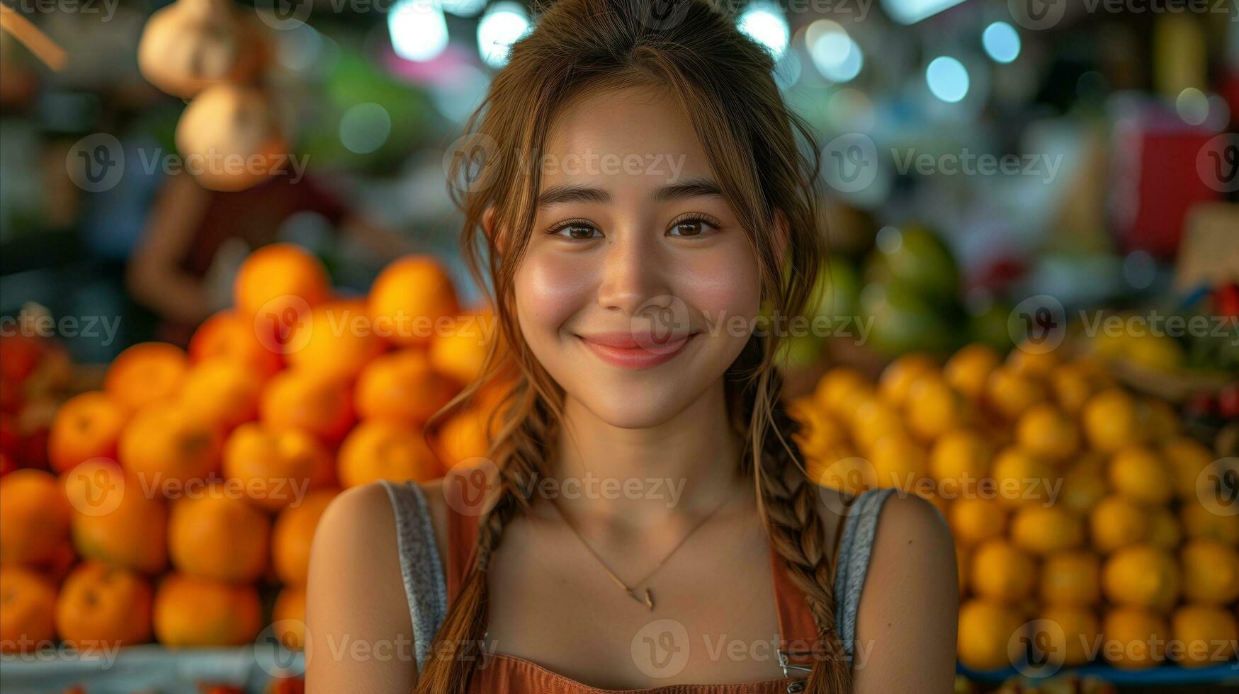 AI generated Happy young woman with a bright smile in a fruit market photo