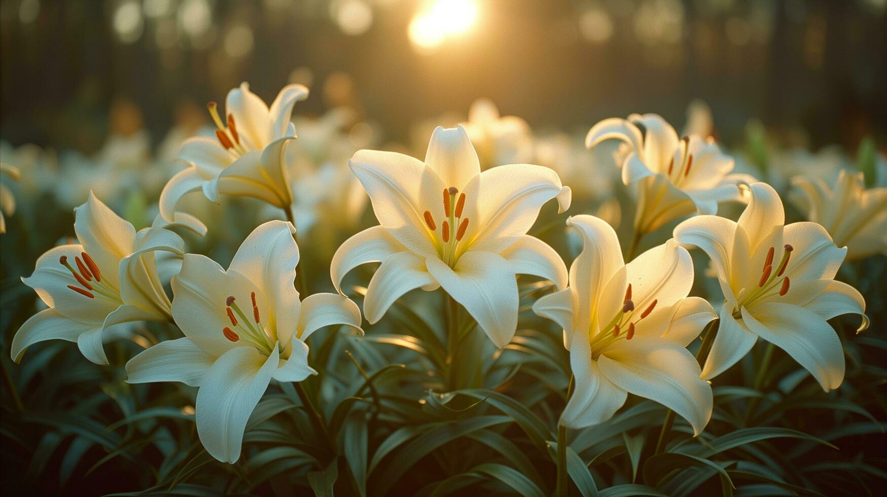 AI generated Golden hour tranquility with blooming white lilies in a serene garden photo