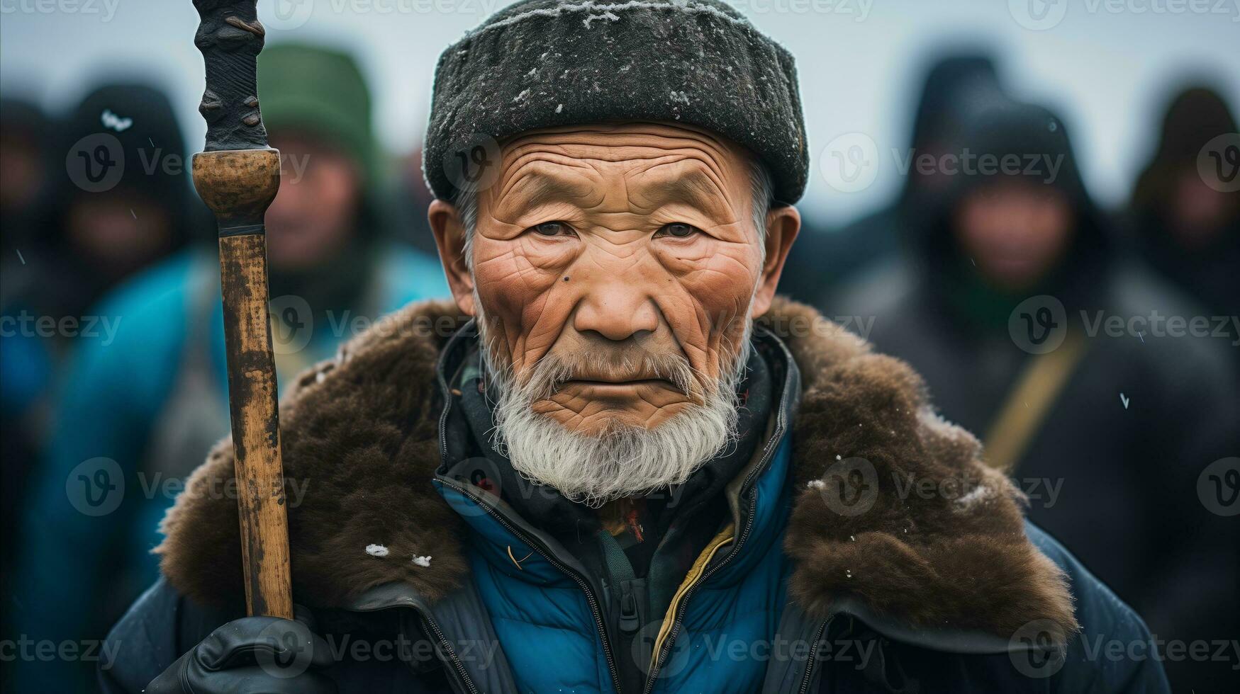 AI generated An old man standing in the snow with a cane. Generative AI photo