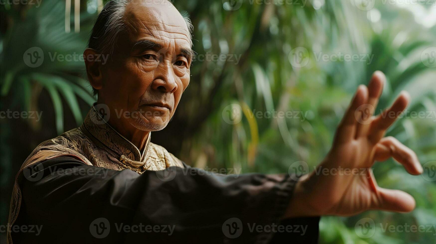 AI generated An elderly man in a traditional Chinese outfit gracefully performs a hand gesture. Generative AI photo