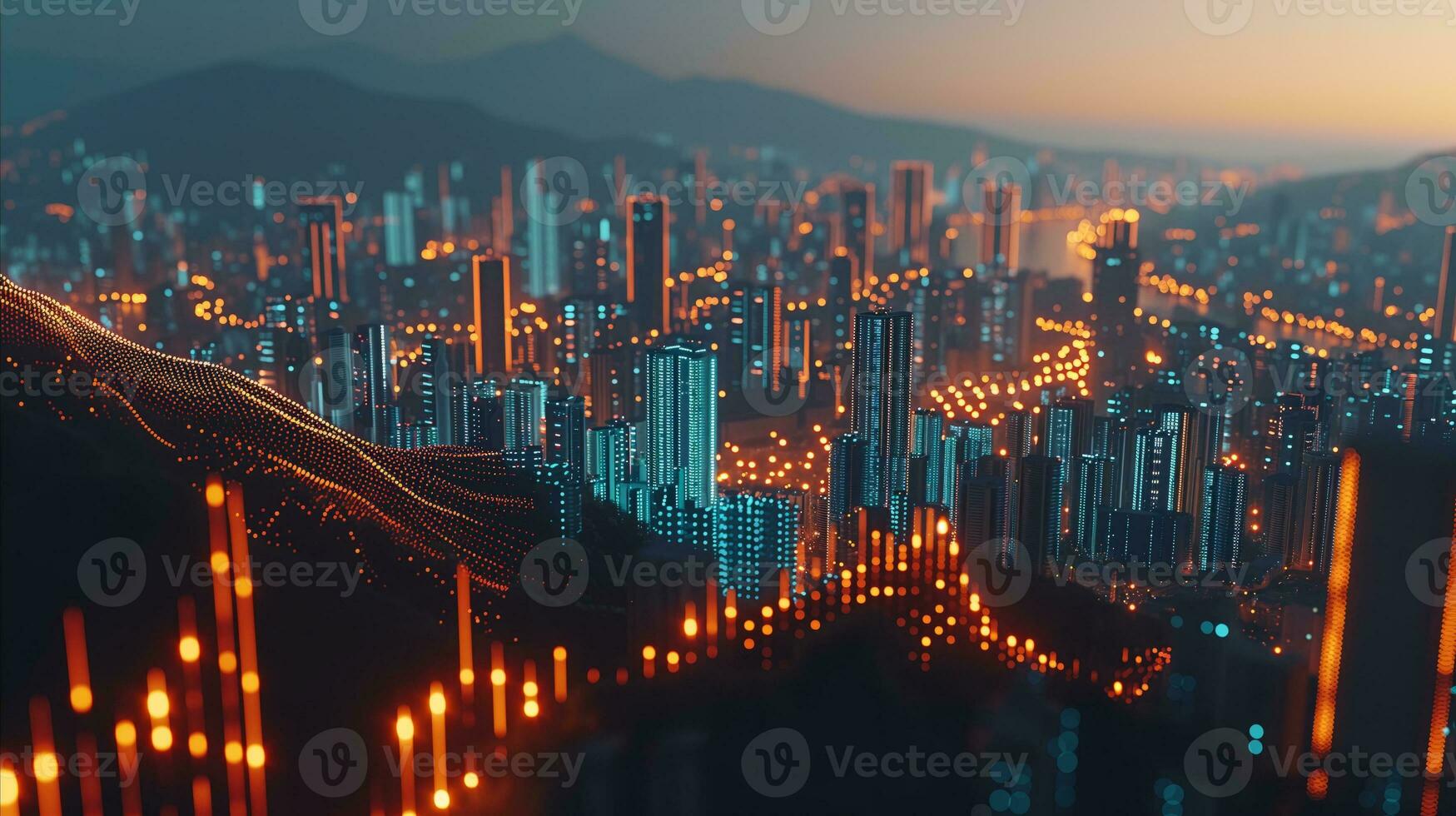 AI generated The lights in the sky over a futuristic city. photo