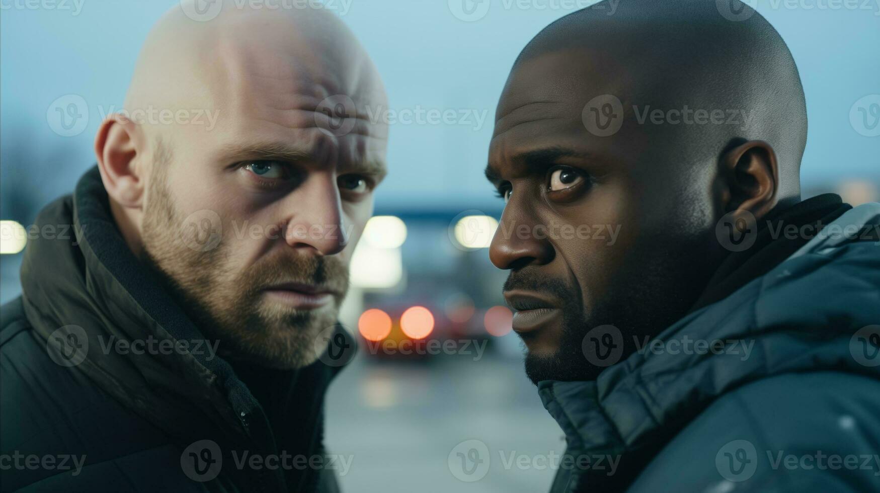 AI generated Two men making eye contact in a parking lot. photo